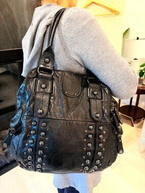 Hype Black Studded Leather Shoulder Bag Satchel Handbag